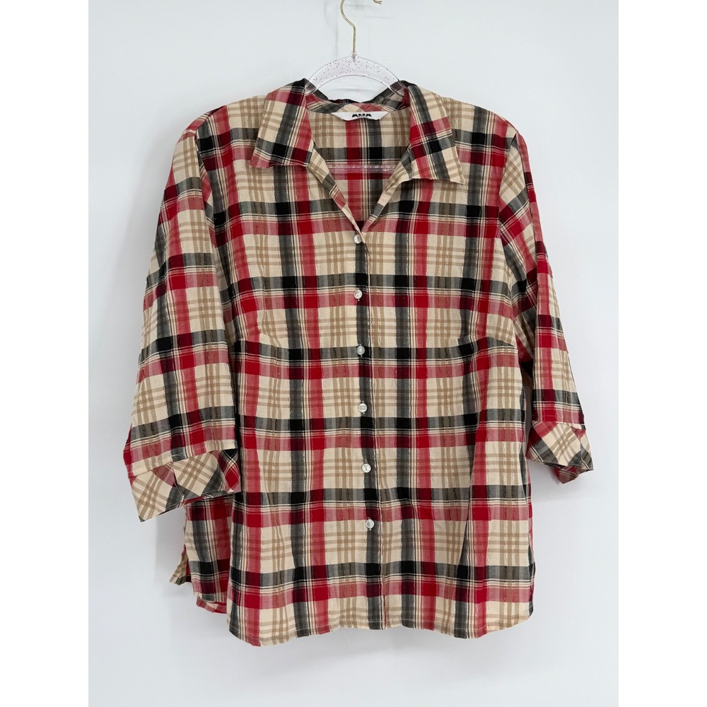 Alia Petites Red Tan Plaid Button Down 3/4 Sleeve Textured Shirt Petite Sz M